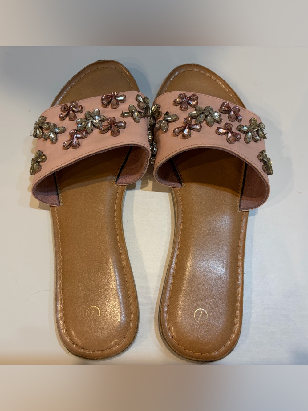 Floral-Embellished Pink Slide Sandals Crystal Flower Appliqués Women’s Size 7